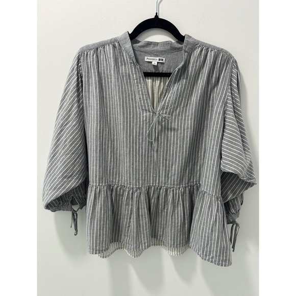 JW Anderson x Uniqlo Tops - JW Anderson x Uniqlo Grey White Striped Linen Cotton Peplum Tie Blouse Top M